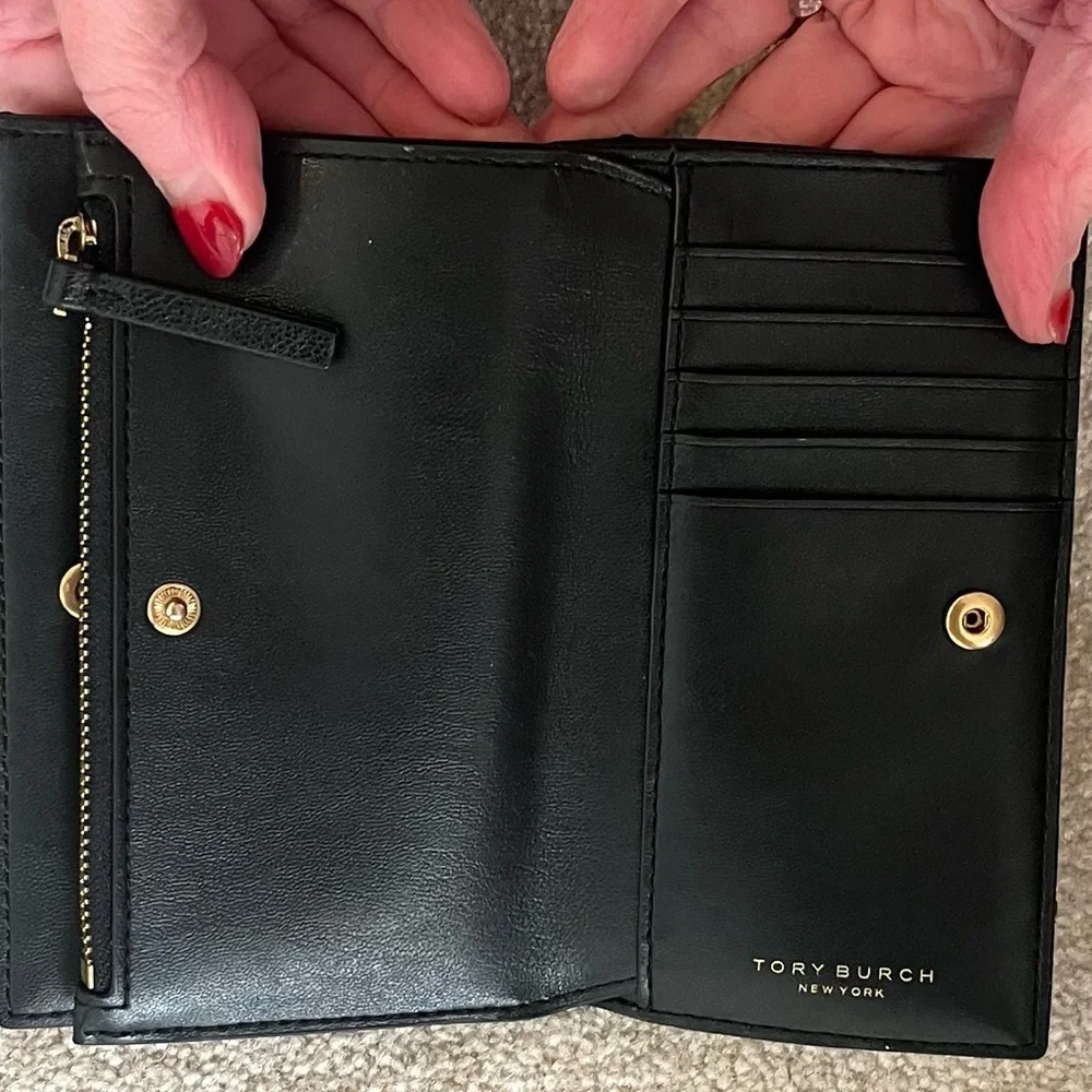 Tory Burch Black Quilted Leather Wallet with Gold Logo